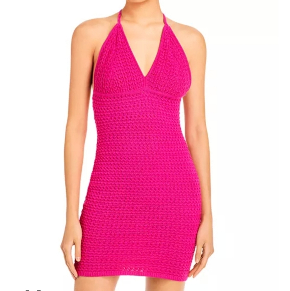 Aqua Fuchsia Crochet Halter Mini Dress